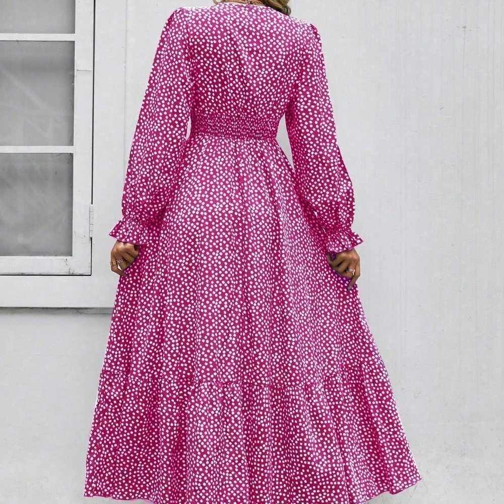 Pink Boho Womens Ditsy Floral Print Flounce Sleeve Shirred Dress - Picture 2 of 5